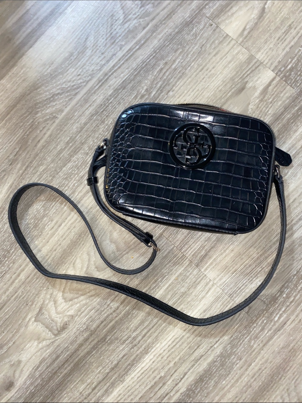 Guess Croc-Embossed Kamryn Top Zip Crossbody Bag in Black